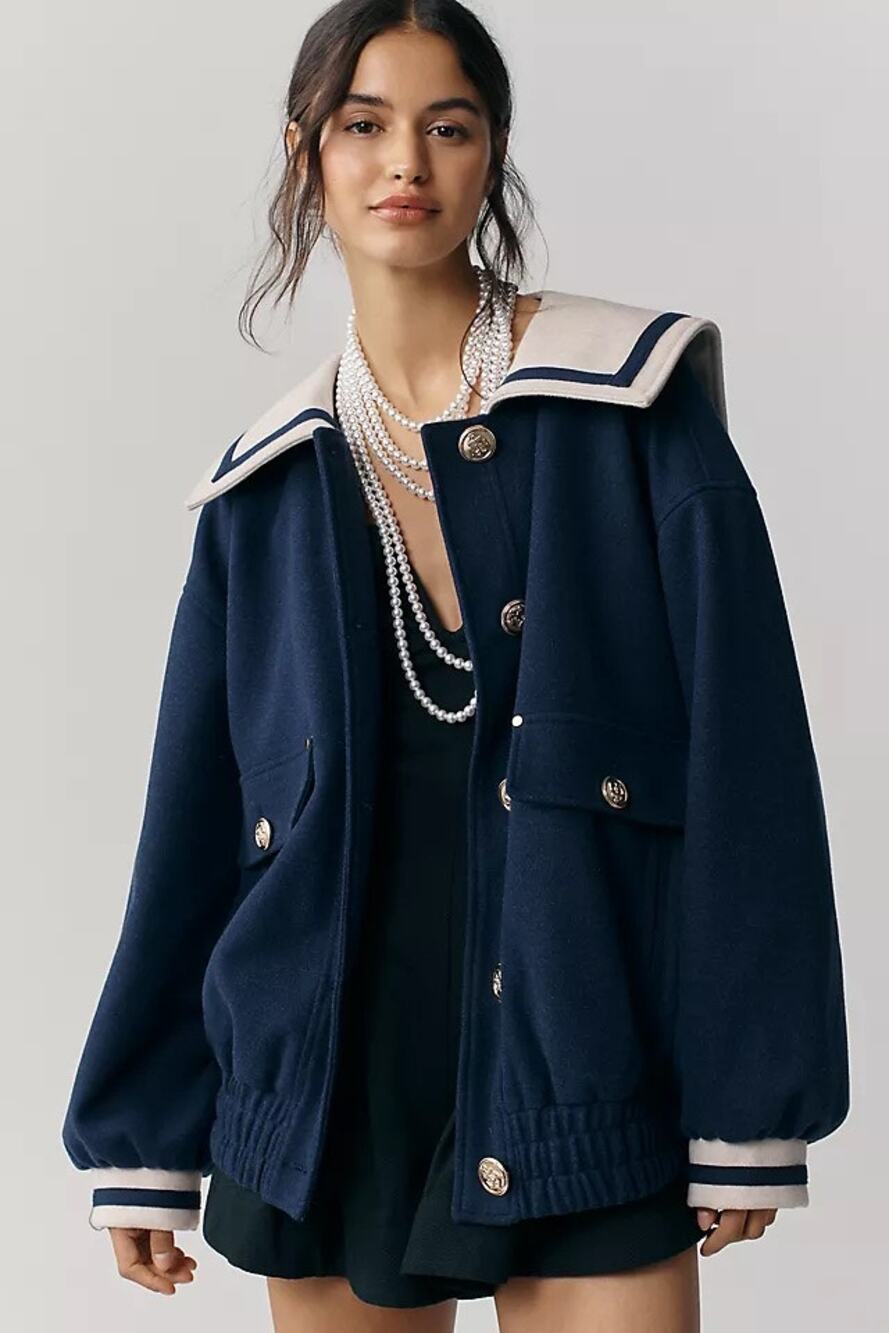 Anthropologie Maeve Wool Blend Nautical Bomber Jacket